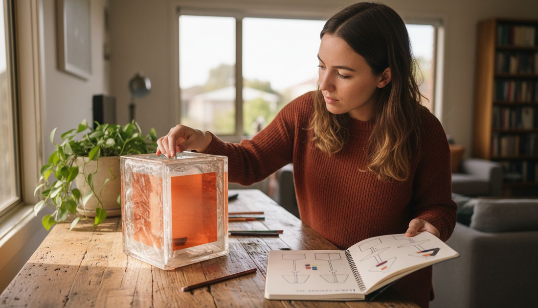 Woman designing custom glass block lamp at home