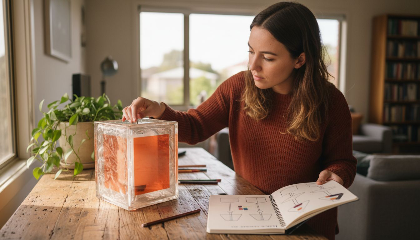 Woman designing custom glass block lamp at home