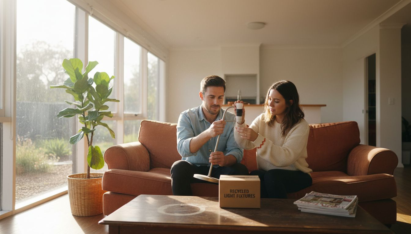 Couple installing LED bulb in cozy home