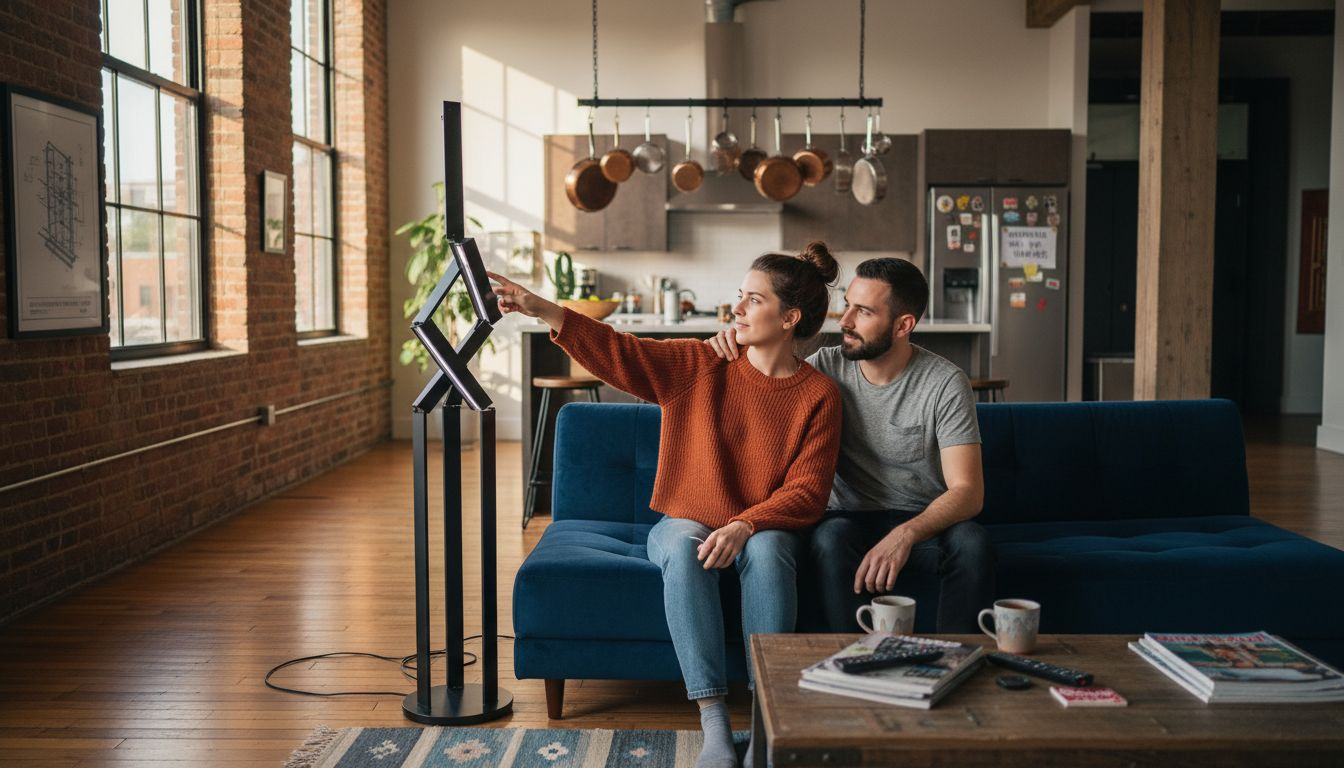 Couple adjusts modular LED lamp in loft