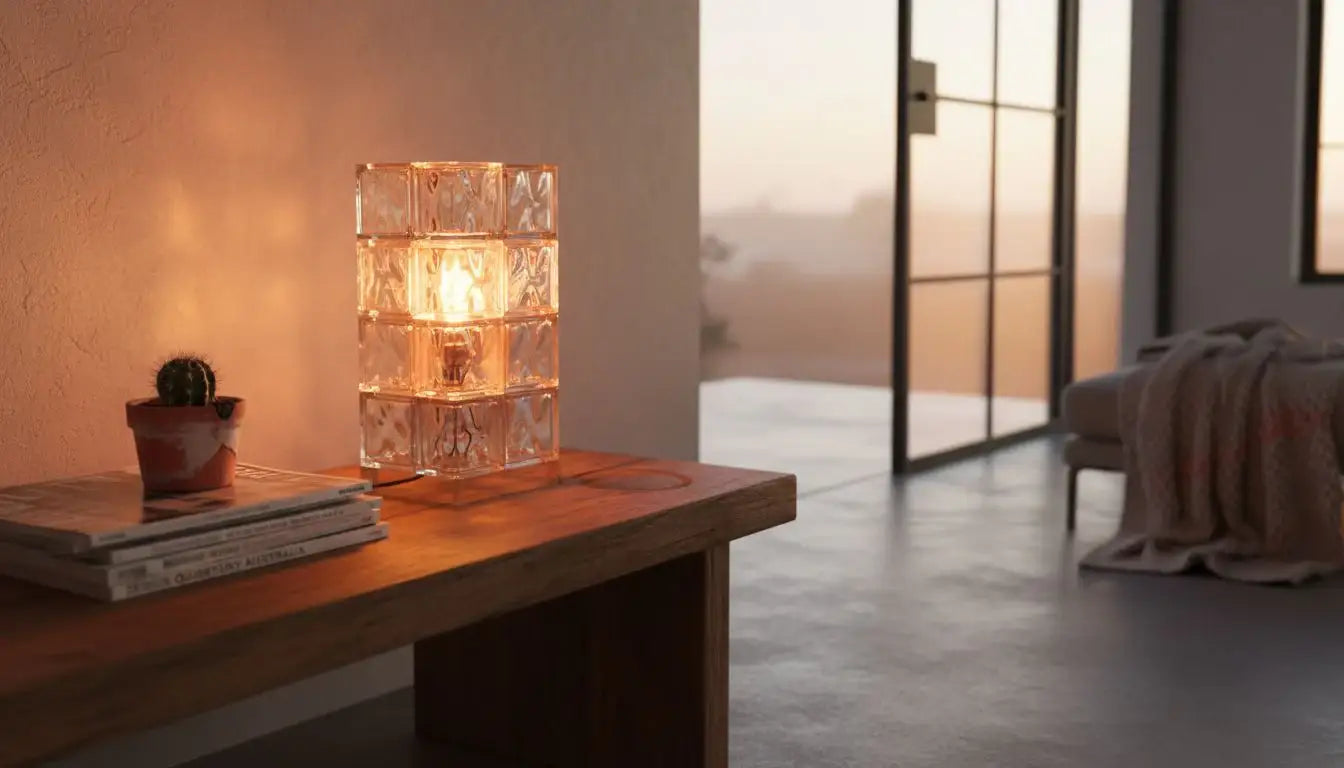 Artistic glass block lamp in cozy living room