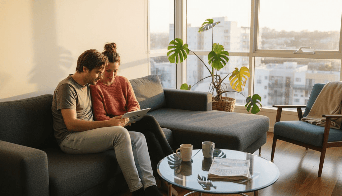 Couple browsing interior design in modern living room