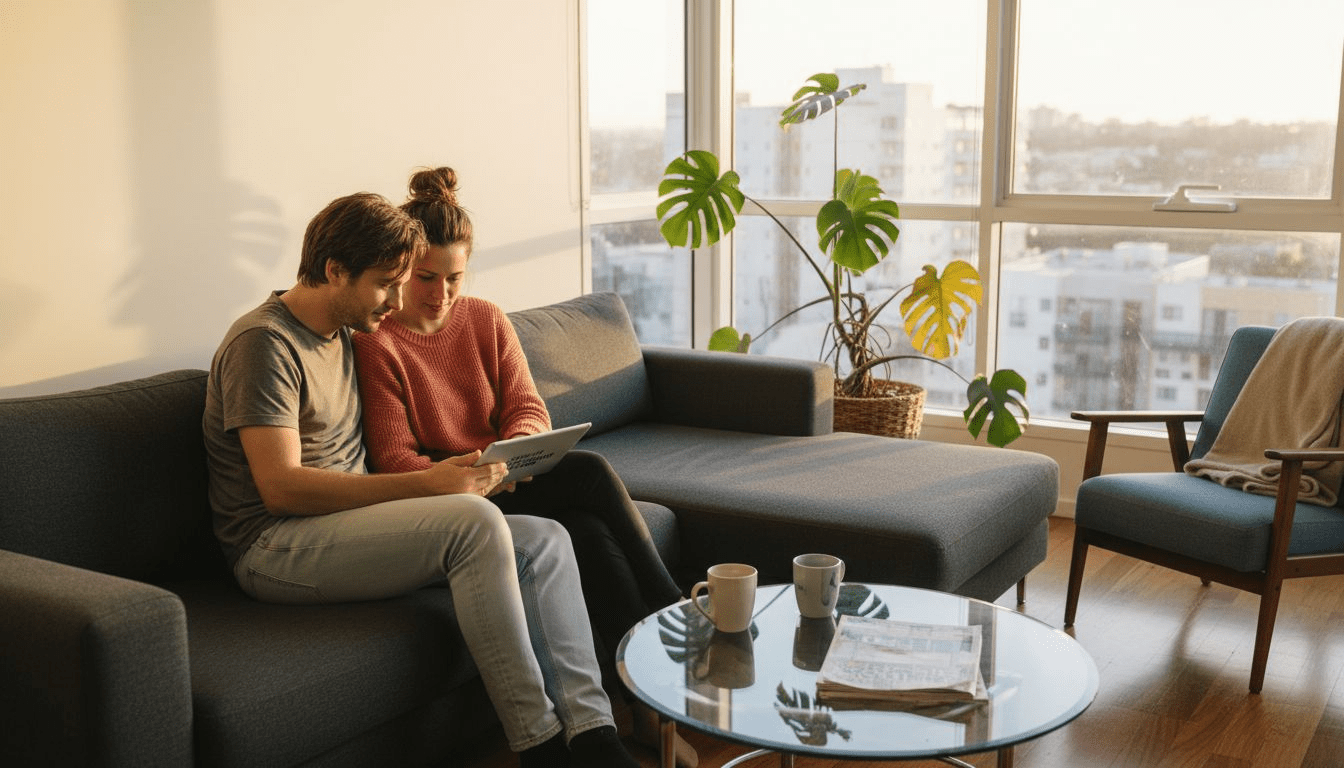 Couple browsing interior design in modern living room
