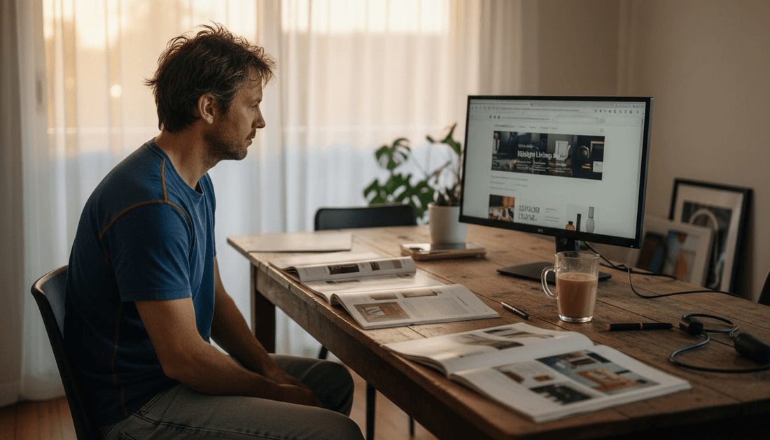 Man comparing homeware alternatives at dining table