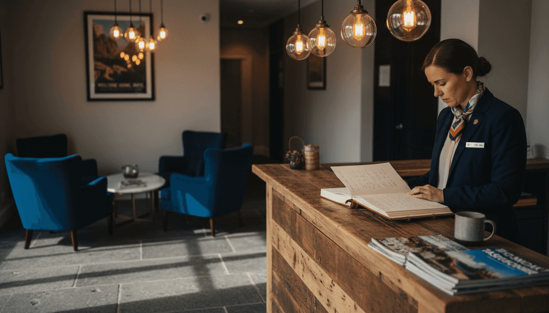 Boutique hotel lobby with warm ambient lights