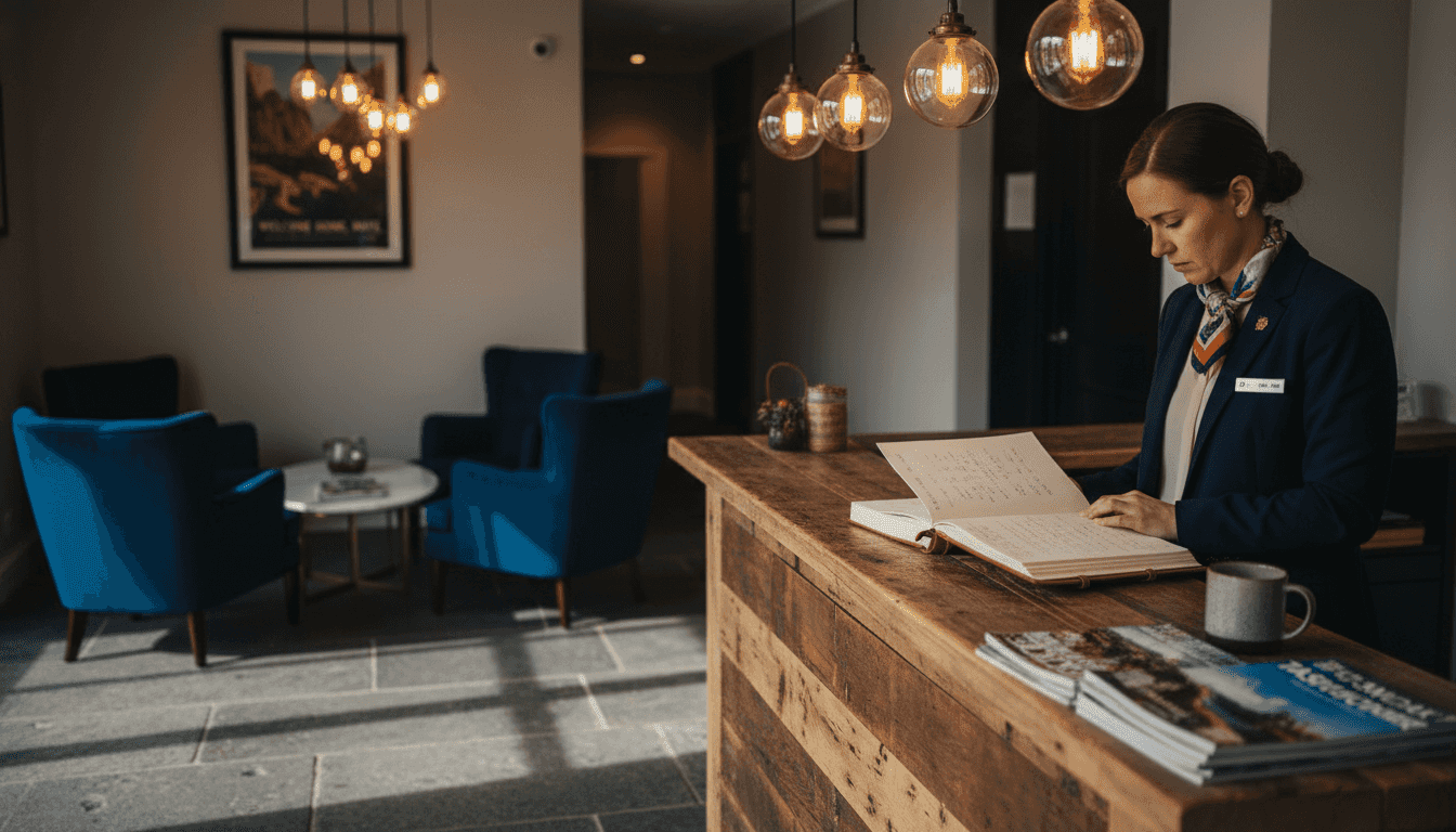 Boutique hotel lobby with warm ambient lights
