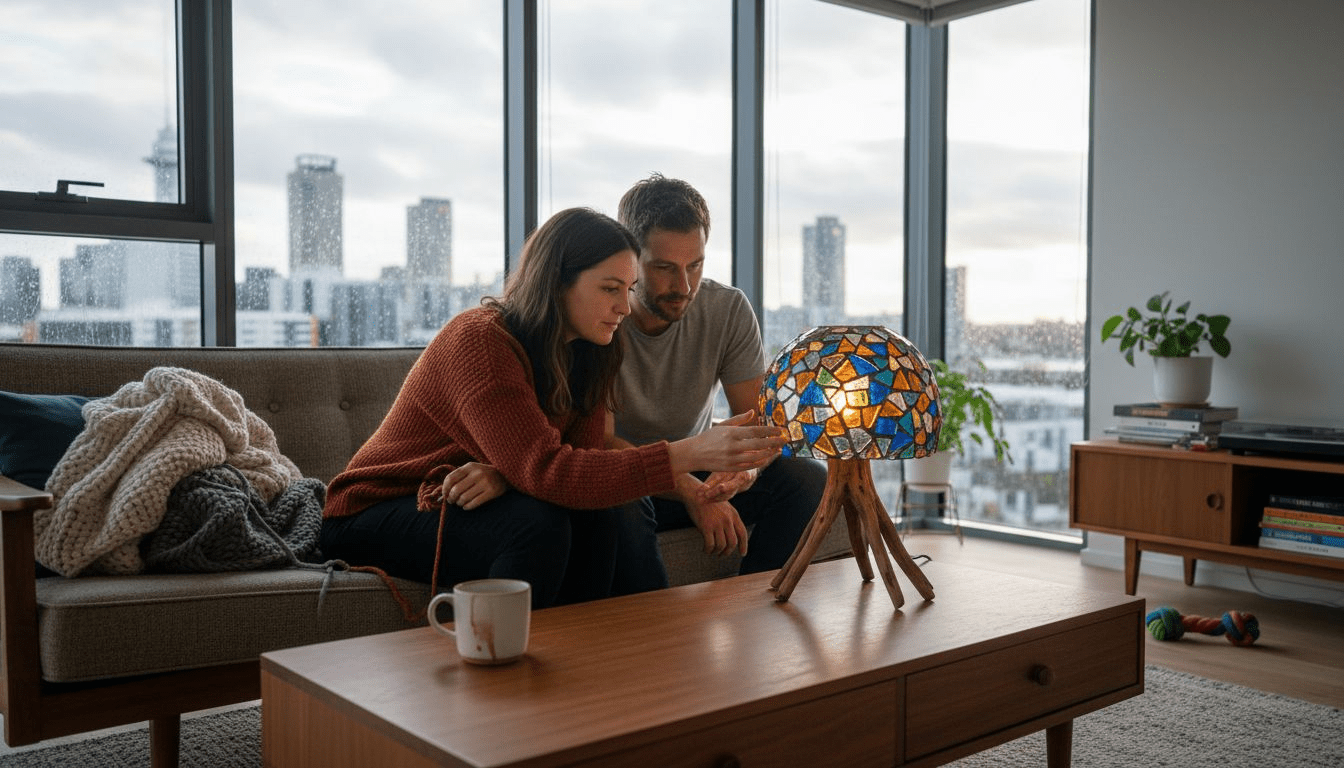 Couple with eco-friendly lamp in living room