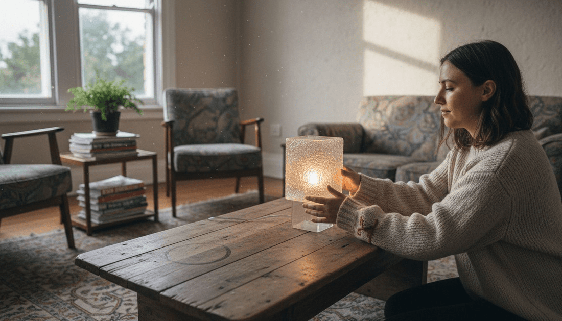 Woman placing glass block lamp in living room