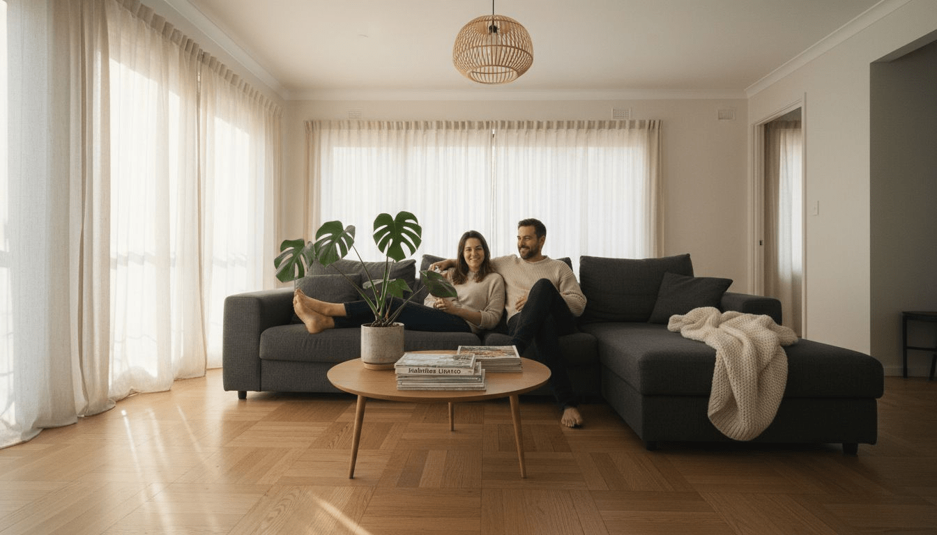 Couple in sunlit living room with ambient lighting