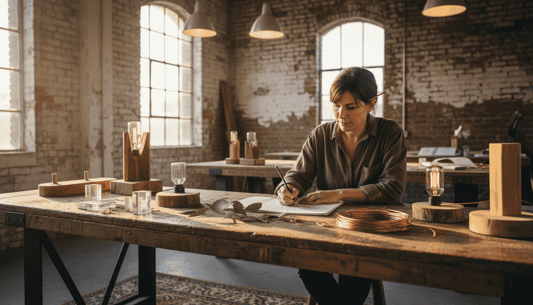 Designer sketching sustainable lamp concepts in studio