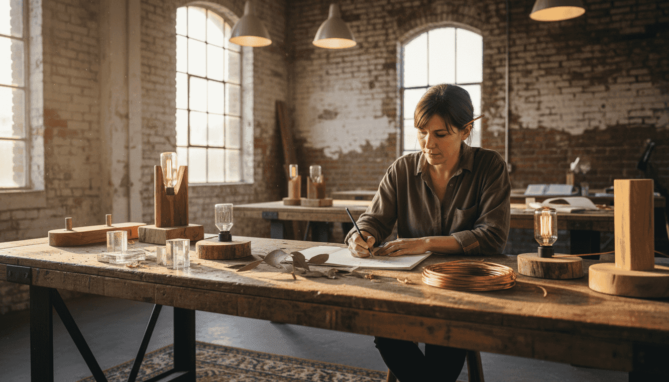 Designer sketching sustainable lamp concepts in studio
