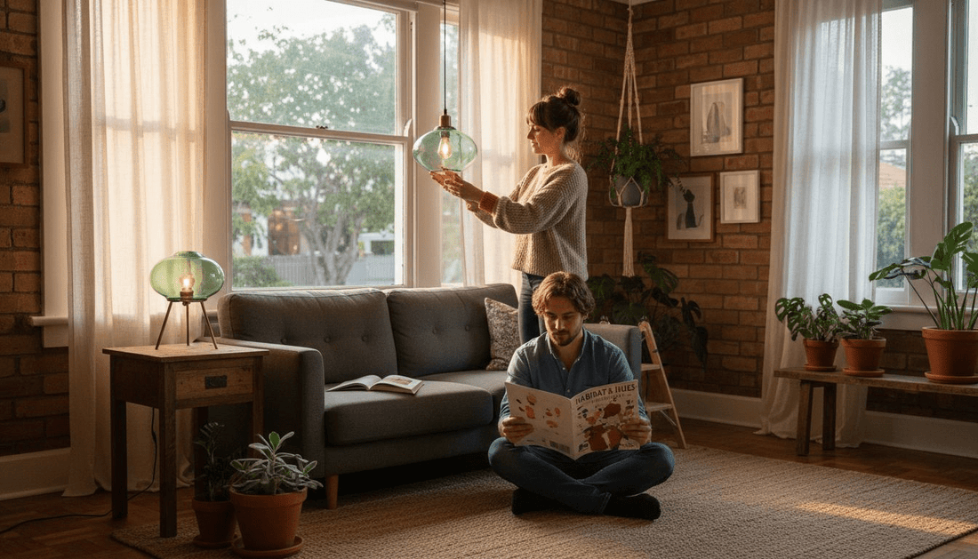 Couple arranging sustainable lighting in living room