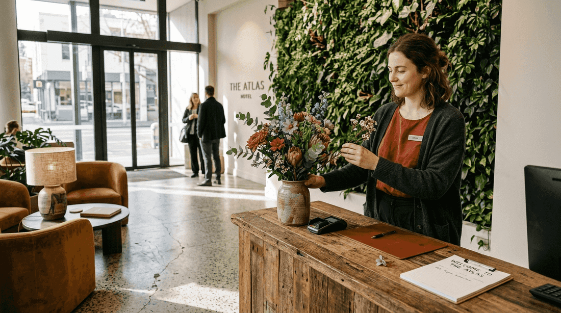 Boutique hotel lobby with green wall and reclaimed wood