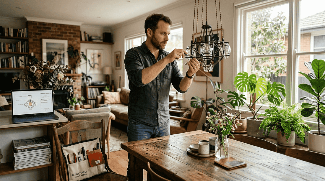 Designer adjusting custom lighting in unique living room