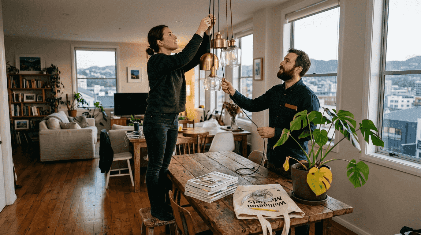 Couple installing sustainable lighting in cozy room
