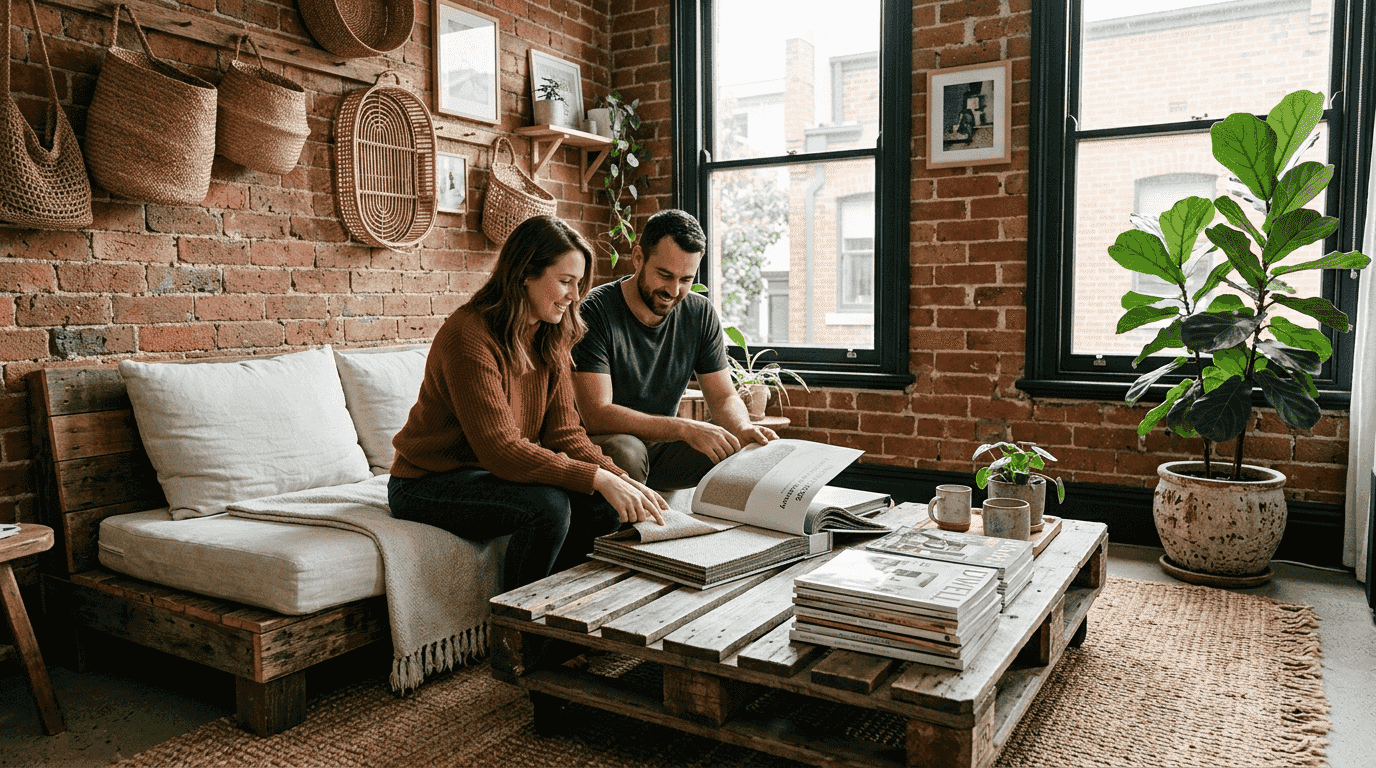 Couple reviewing eco-friendly decor samples at home