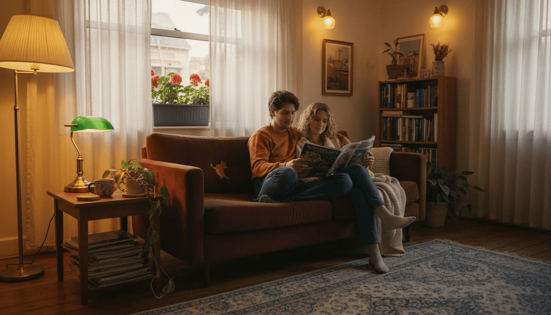Couple reading with warm, layered living room lights