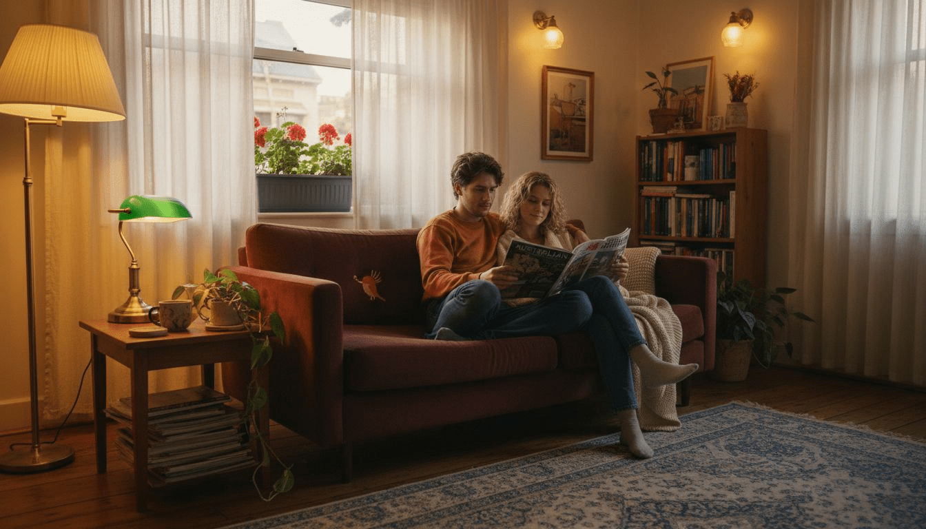 Couple reading with warm, layered living room lights