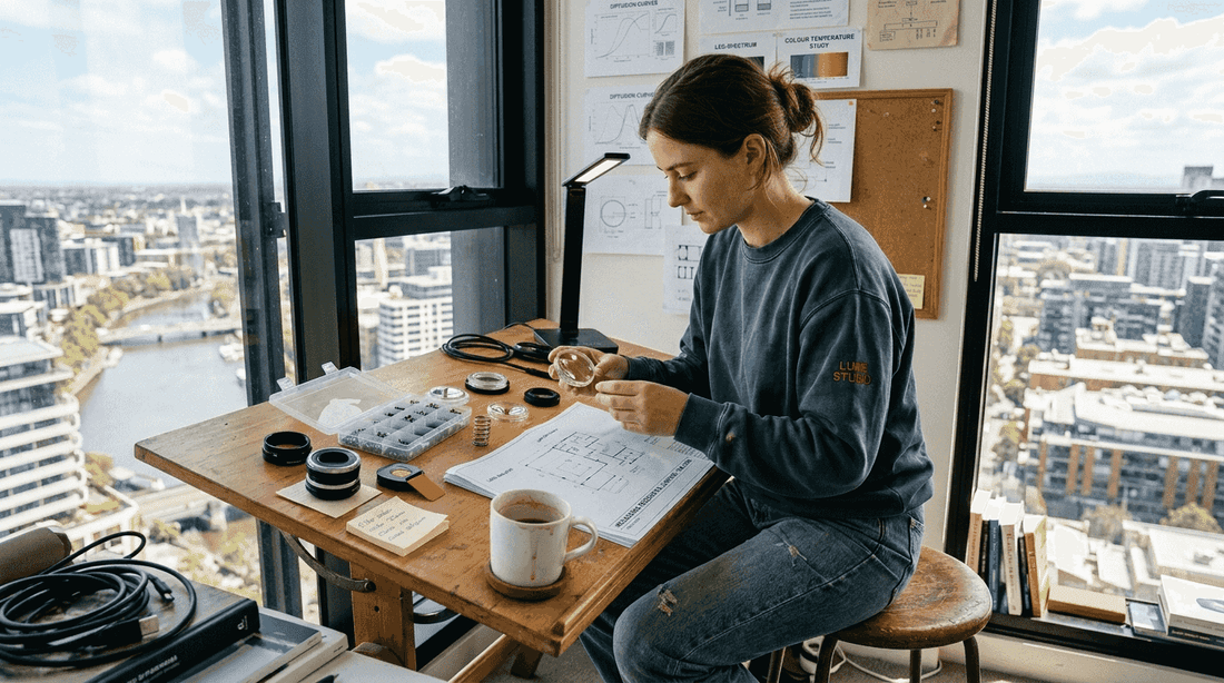 Designer testing modular lamp lenses at drafting table