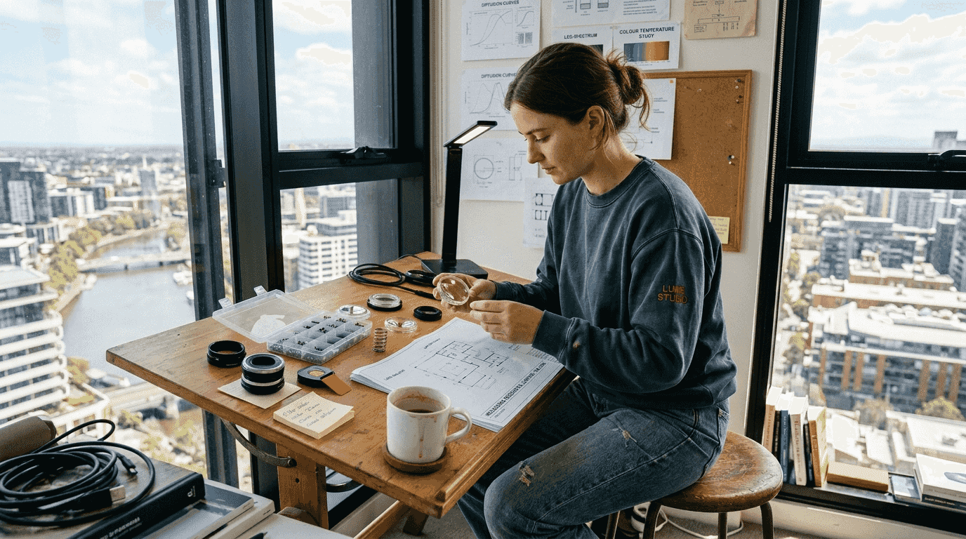 Designer testing modular lamp lenses at drafting table
