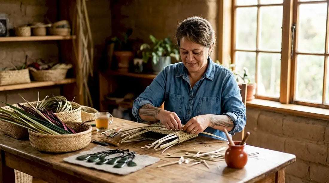 Māori artisan weaving flax in workshop