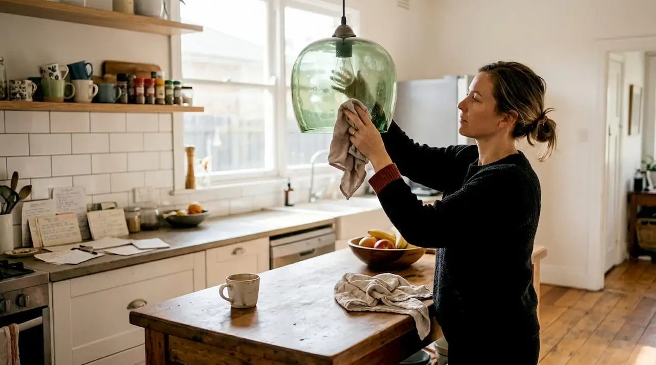 Woman cleaning reclaimed glass lamp in kitchen