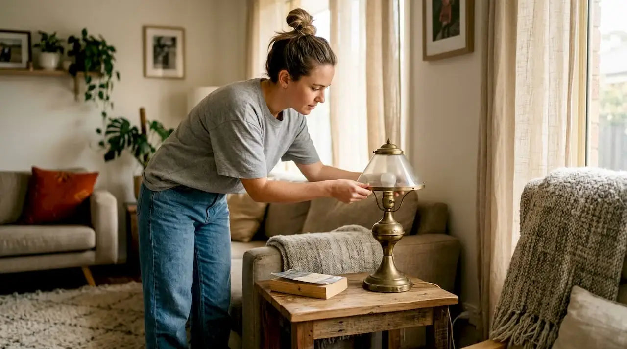 Woman adjusts handcrafted brass lamp in living room