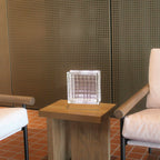 Wireless Weave Bloc Lamp showing distinctive crosshatch pattern and rechargeable capability