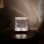 Blush pattern glass block lamp close-up showing soft pink textured surface and premium craftsmanship