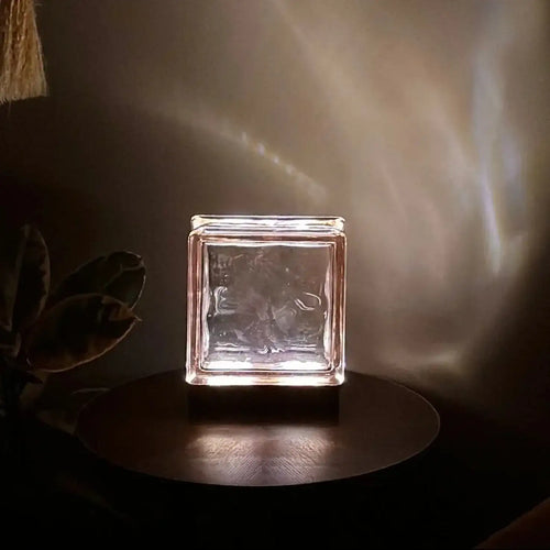 Blush pattern glass block lamp close-up showing soft pink textured surface and premium craftsmanship