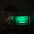 Weave glass block lamp detail highlighting premium upcycled materials and LED warm glow