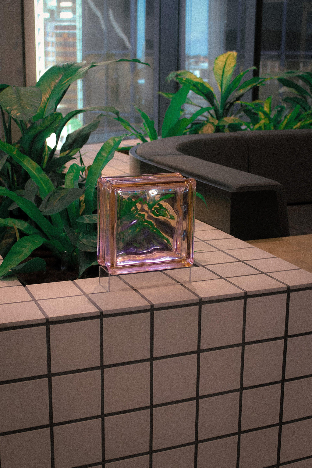 Blush pattern glass block lamp - premium sustainable lighting for conscious homes