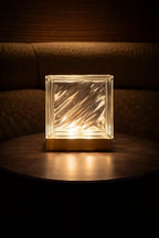 Flow glass block lamp detail highlighting premium upcycled materials and LED technology