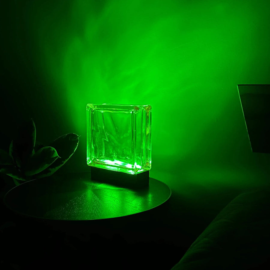 Wireless Wave Bloc Lamp with warm LED - handcrafted upcycled glass block sustainable lighting