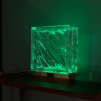 Flow glass block lamp detail highlighting premium upcycled materials and LED technology