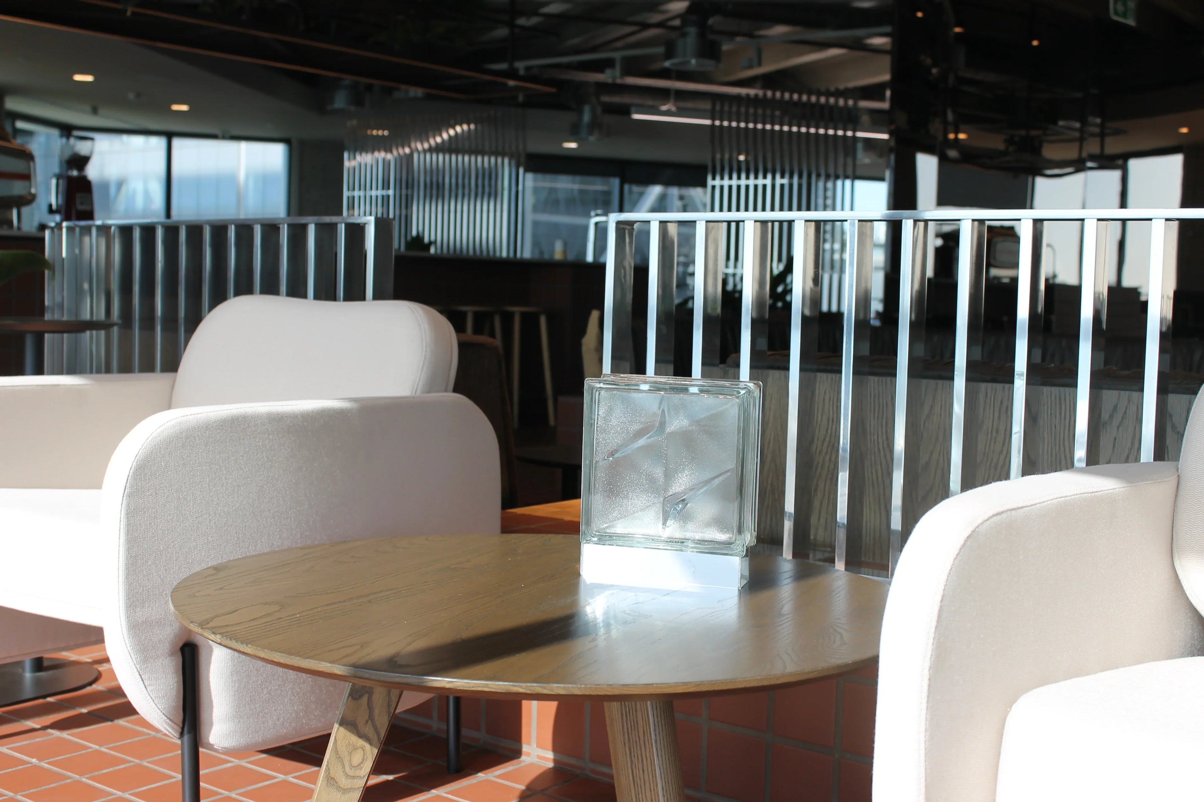 Bolt pattern glass block lamp lifestyle shot - premium sustainable lighting for modern homes