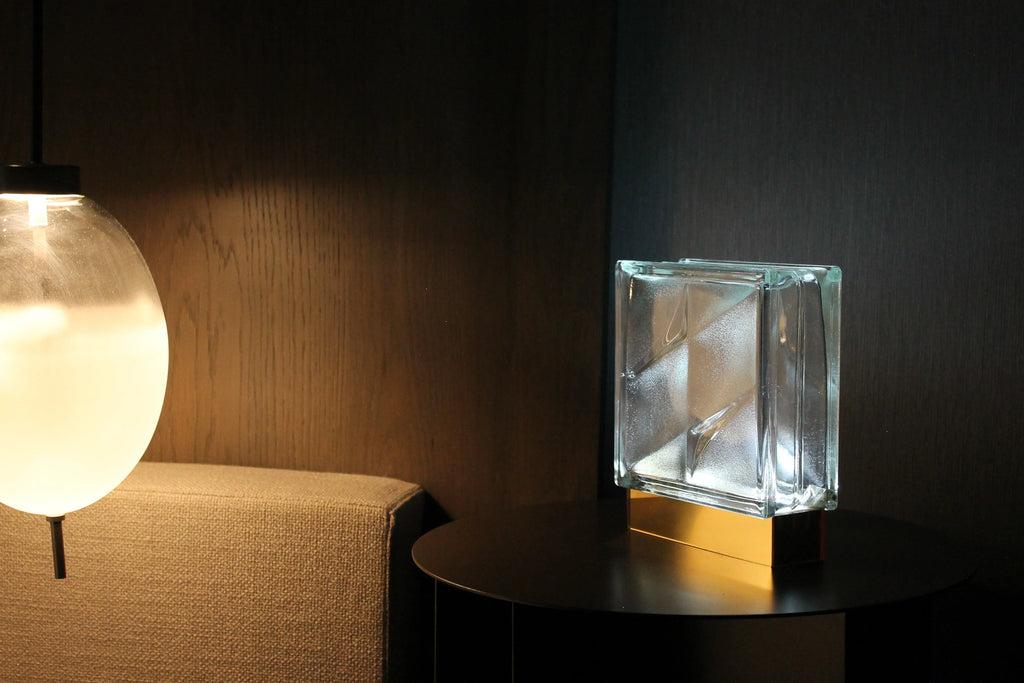 Wireless Bolt glass block lamp detail showing eco-friendly LED technology and rechargeable design