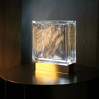 Wave glass block lamp detail highlighting premium upcycled materials and LED technology