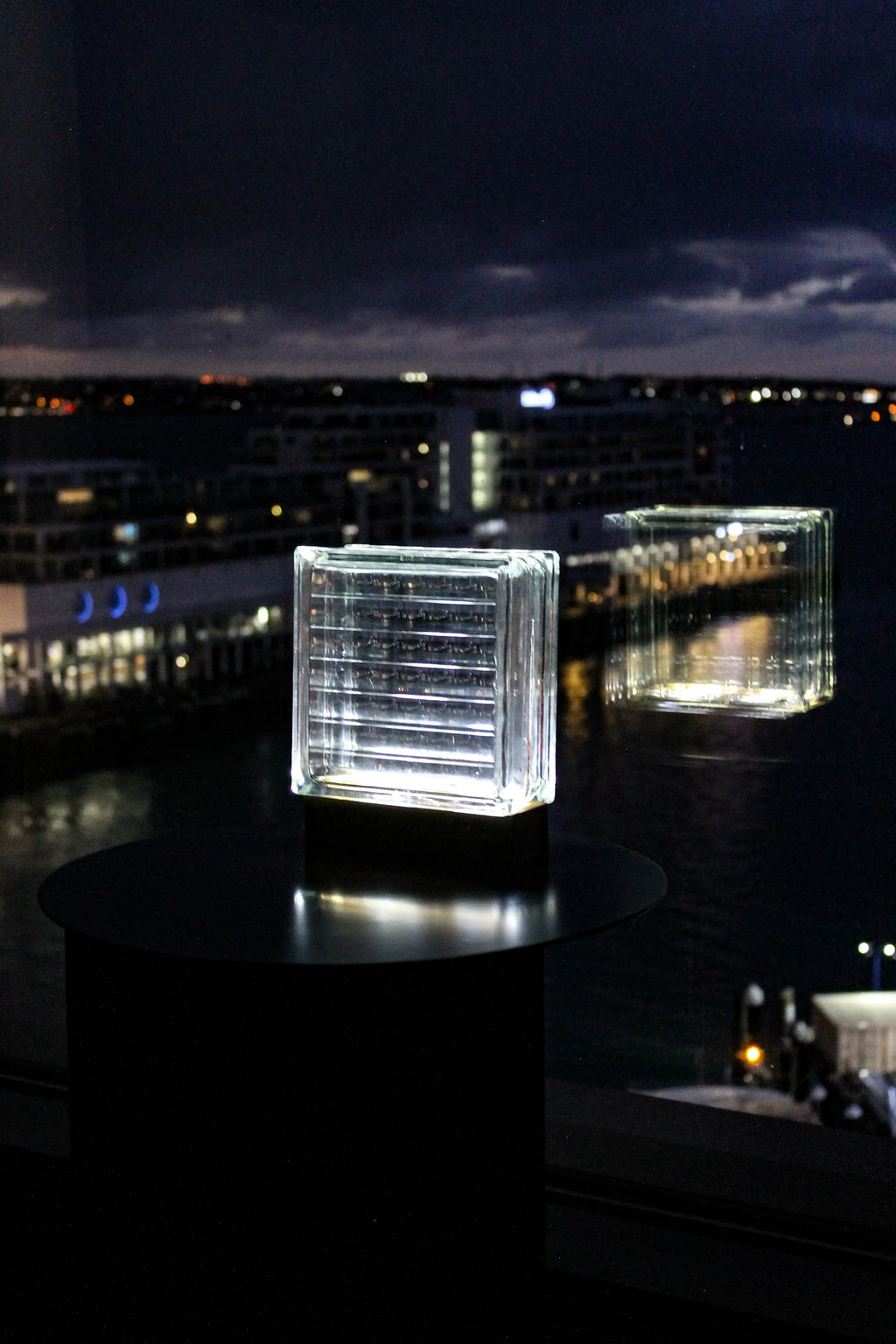 Wireless Weave pattern glass block lamp creating cozy atmosphere with sustainable LED technology