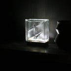 Bolt Bloc Lamp detail view highlighting unique glass block texture and LED warm glow