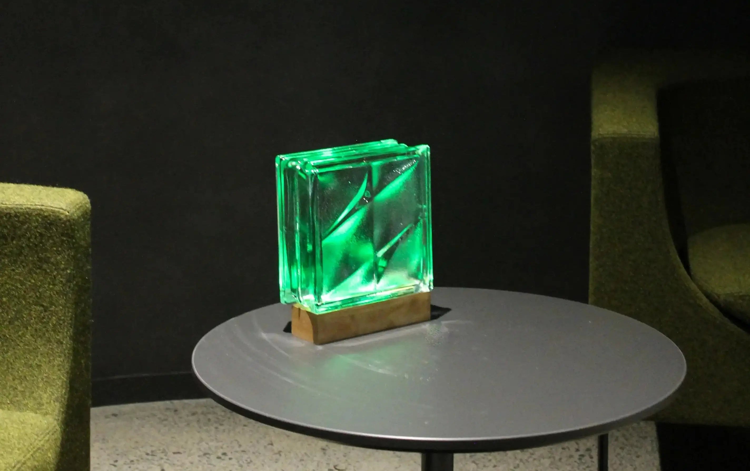 Wired Bolt Bloc Lamp with warm LED glow - handcrafted upcycled glass block lighting for sustainable home decor