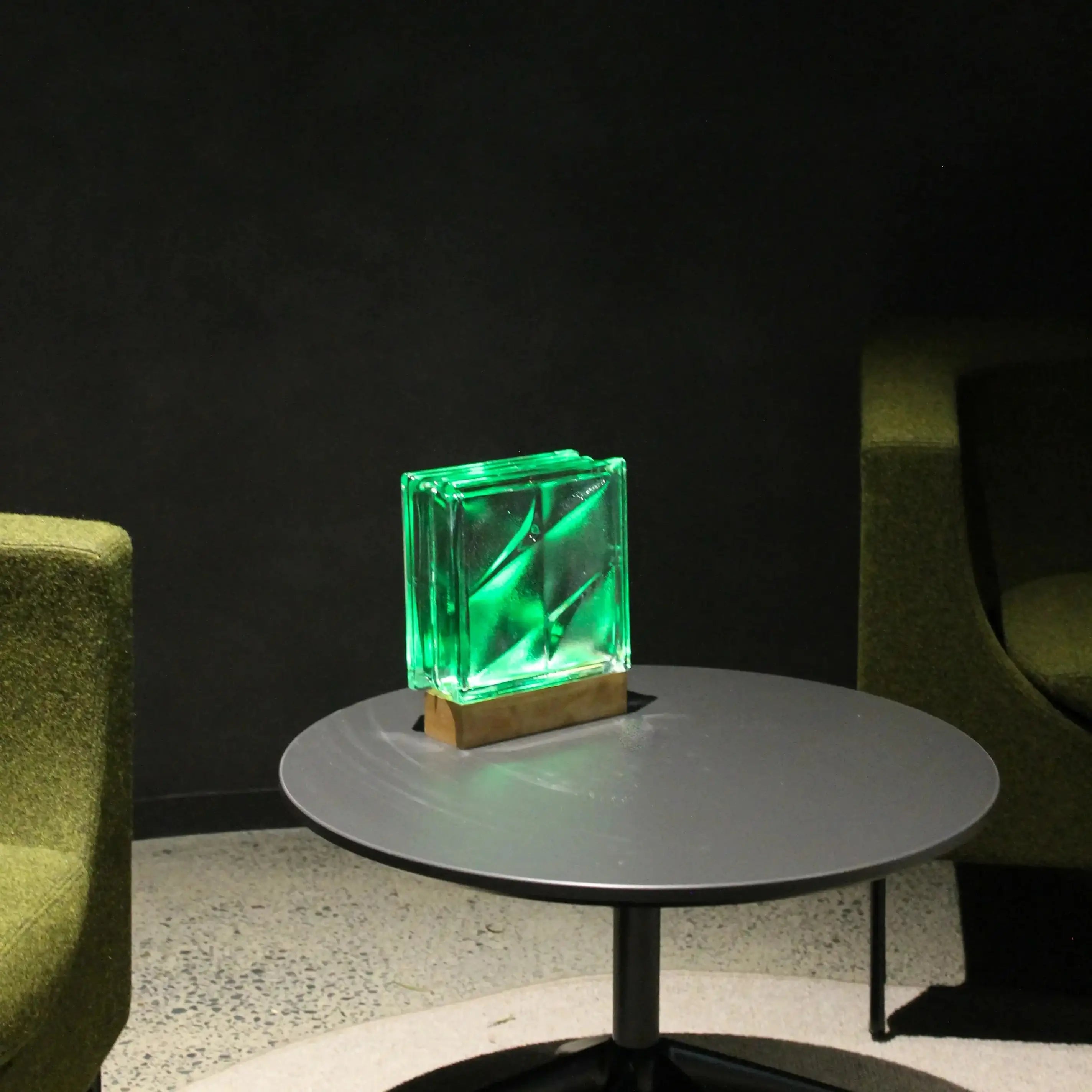Wired Bolt Bloc Lamp with warm LED glow - handcrafted upcycled glass block lighting for sustainable home decor