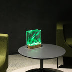 Wired Bolt Bloc Lamp with warm LED glow - handcrafted upcycled glass block lighting for sustainable home decor