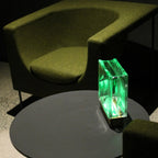 Bolt pattern glass block lamp close-up showing textured surface and premium craftsmanship
