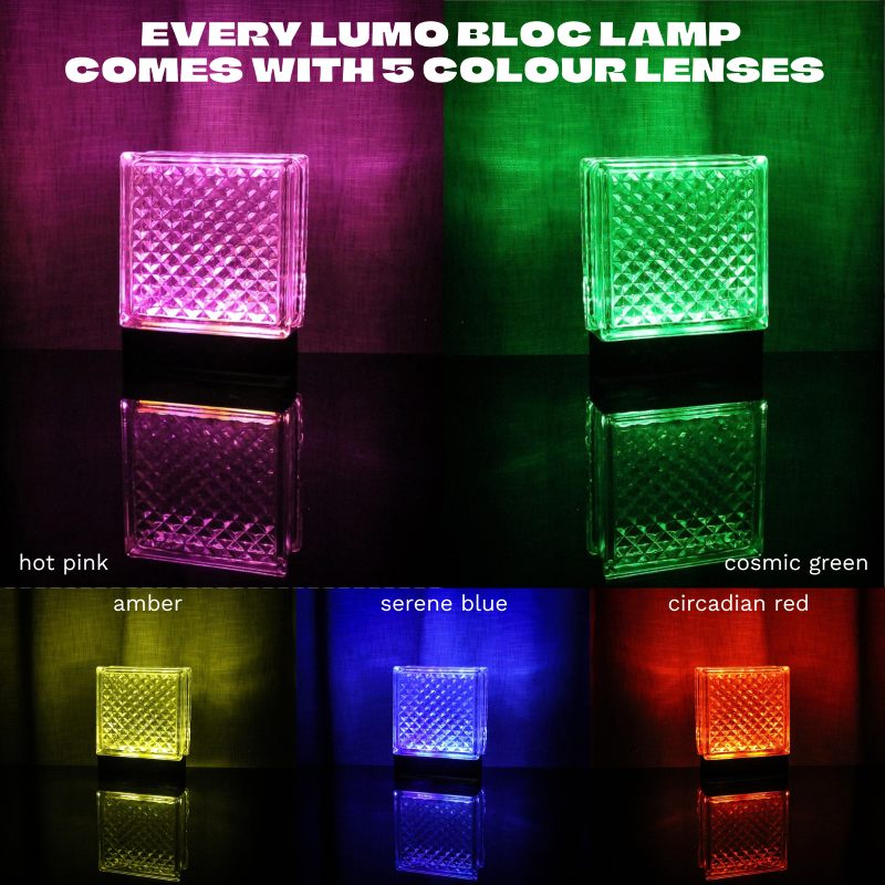 King Diamond pattern glass block lit up in all 5 interchangeable colour lenses: hot pink, cosmic green, amber, serene blue and circadian red