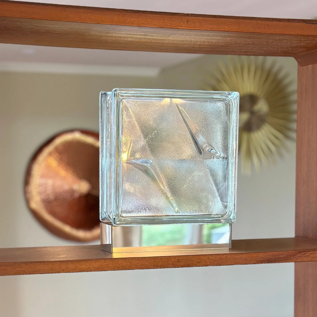 Wireless Bolt glass block lamp showing premium upcycled glass construction and sustainable materials