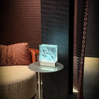 Bolt pattern glass block lamp lifestyle shot - premium sustainable lighting for modern homes