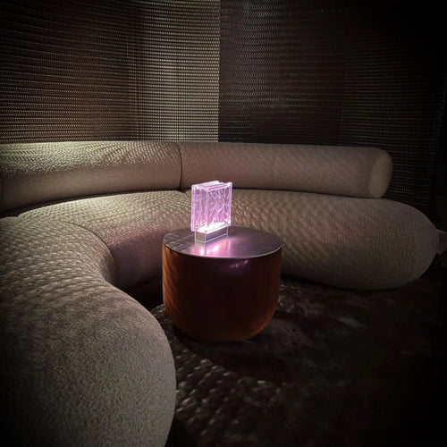 Handcrafted Wave pattern glass block lamp - sustainable New Zealand made lighting with wireless charging