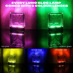Smokey pattern glass block lit up in all 5 interchangeable colour lenses: hot pink, cosmic green, amber, serene blue and circadian red