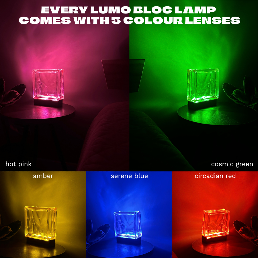 Wave pattern glass block lit up in all 5 interchangeable colour lenses: hot pink, cosmic green, amber, serene blue and circadian red